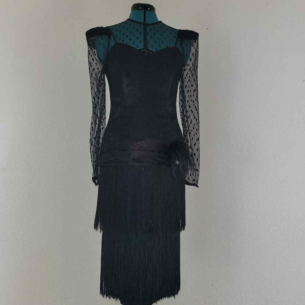 Vintage Nancy Bracoloni for Nilani Nites Lace Tassel Fringe Black Midi Dress Sz6